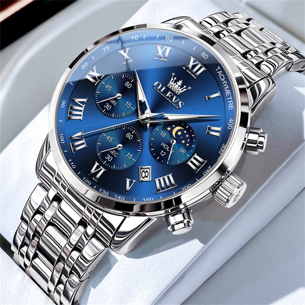 OLEVS Chronograph Moon Phase Dress Watch for Men Stainless Steel 5529 - Silver Blue Watch | Olevs Watch Store