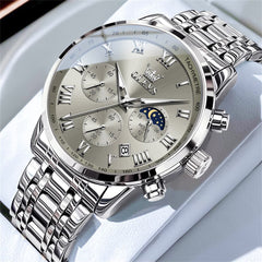 OLEVS Chronograph Moon Phase Dress Watch for Men Stainless Steel 5529 - Silver Gray Watch | Olevs Watch Store
