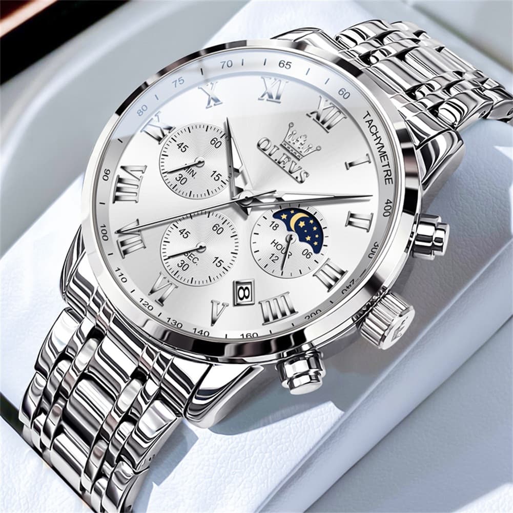 OLEVS Chronograph Moon Phase Dress Watch for Men Stainless Steel 5529 - Silver White Watch | Olevs Watch Store