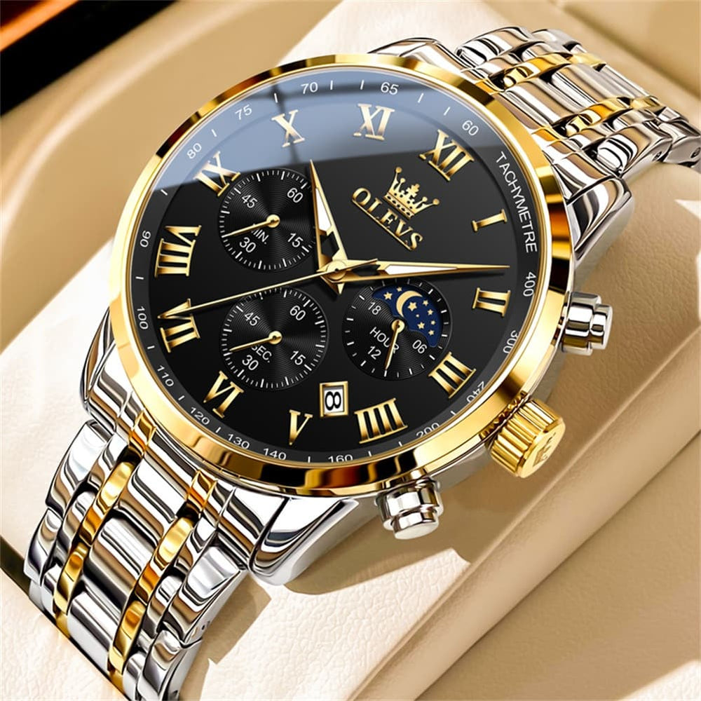 OLEVS Chronograph Moon Phase Dress Watch for Men Stainless Steel 5529 - Two Tone Gold Black Watch | Olevs Watch Store