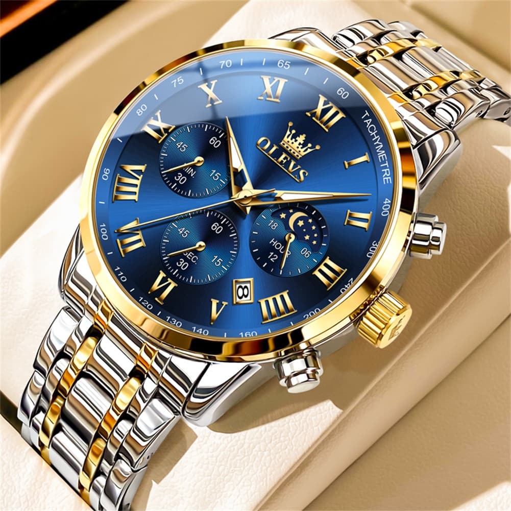 OLEVS Chronograph Moon Phase Dress Watch for Men Stainless Steel 5529 - Two Tone Gold Blue Watch | Olevs Watch Store