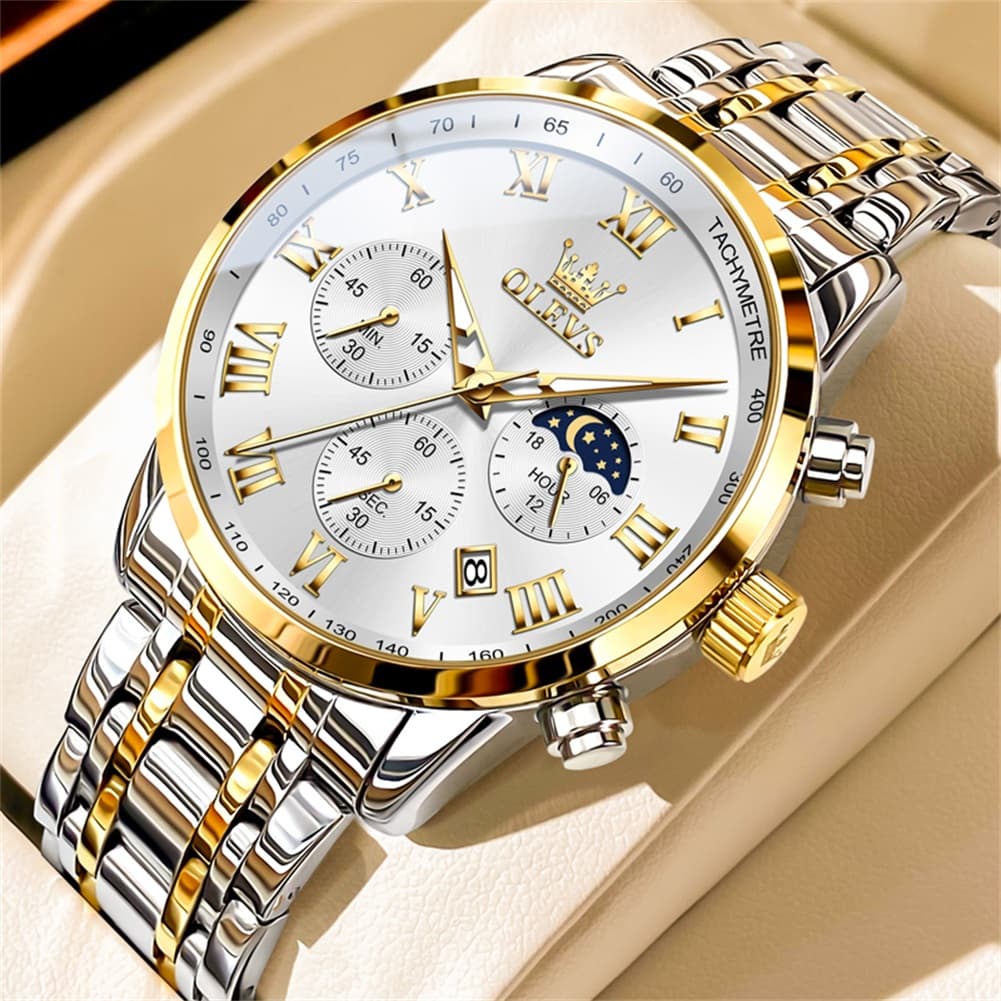 OLEVS Chronograph Moon Phase Dress Watch for Men Stainless Steel 5529 - Two Tone Gold White Watch | Olevs Watch Store