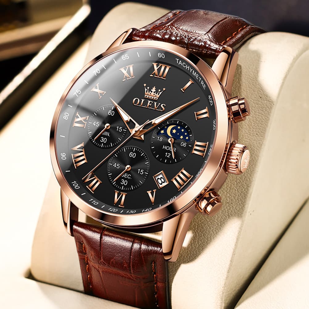 OLEVS Chronograph Moon Phase Dress Watch Leather Strap for Men 5529 - Rose Gold Case Black Dial Watch | Olevs Watch Store