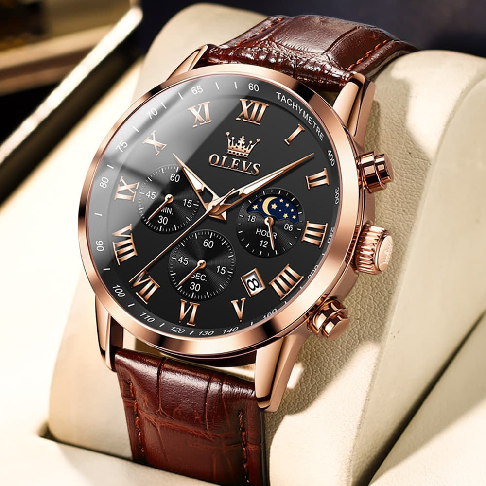 OLEVS Chronograph Moon Phase Dress Watch Leather Strap for Men 5529 - Rose Gold Case Black Dial Watch | Olevs Watch Store