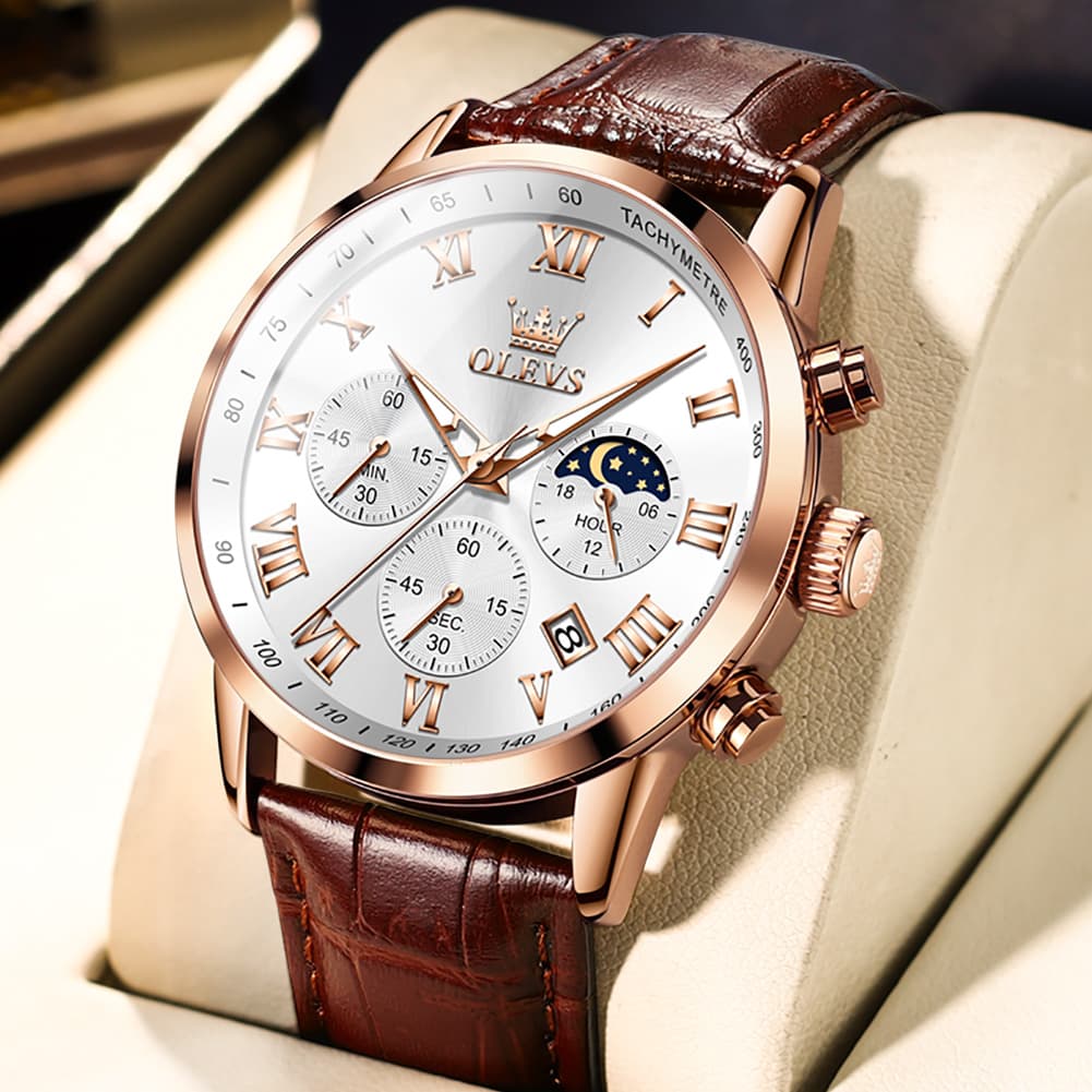 OLEVS Chronograph Moon Phase Dress Watch Leather Strap for Men 5529 - Rose Gold Case White Dial Watch | Olevs Watch Store