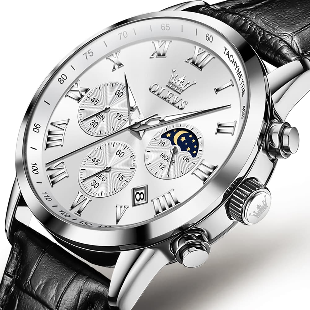 OLEVS Chronograph Moon Phase Dress Watch Leather Strap for Men 5529 - Silver Case Black Dial Watch | Olevs Watch Store