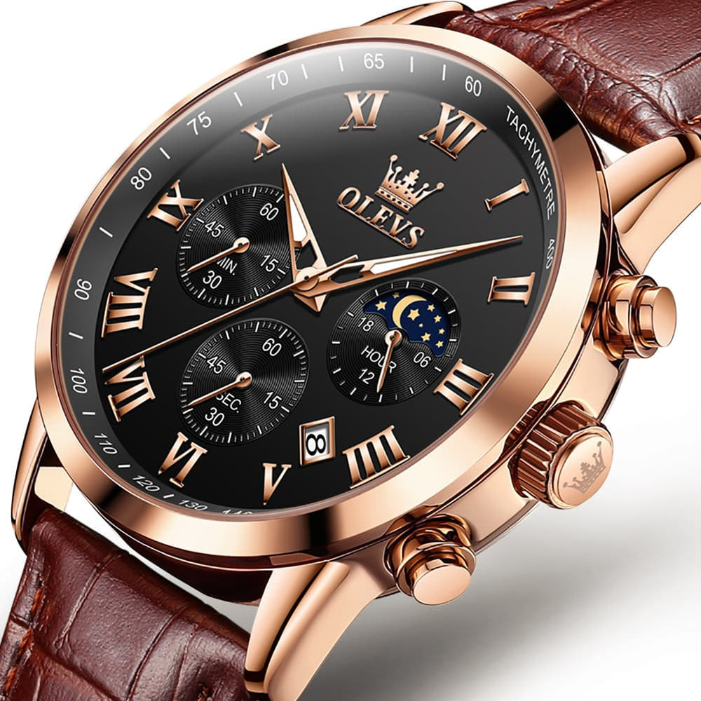 OLEVS Chronograph Moon Phase Dress Watch Leather Strap for Men 5529 - Silver Case Black Dial Watch | Olevs Watch Store