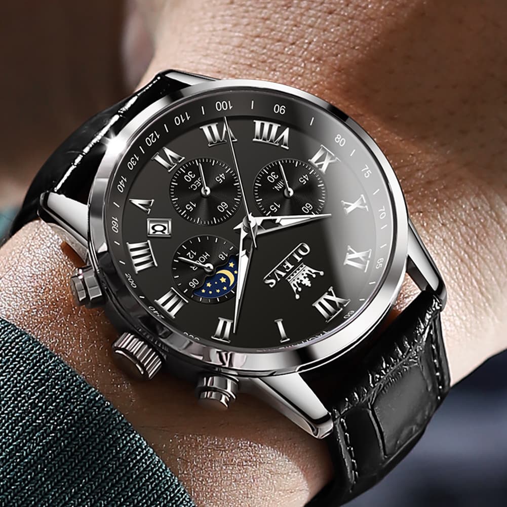OLEVS Chronograph Moon Phase Dress Watch Leather Strap for Men 5529 - Silver Case Black Dial Watch | Olevs Watch Store