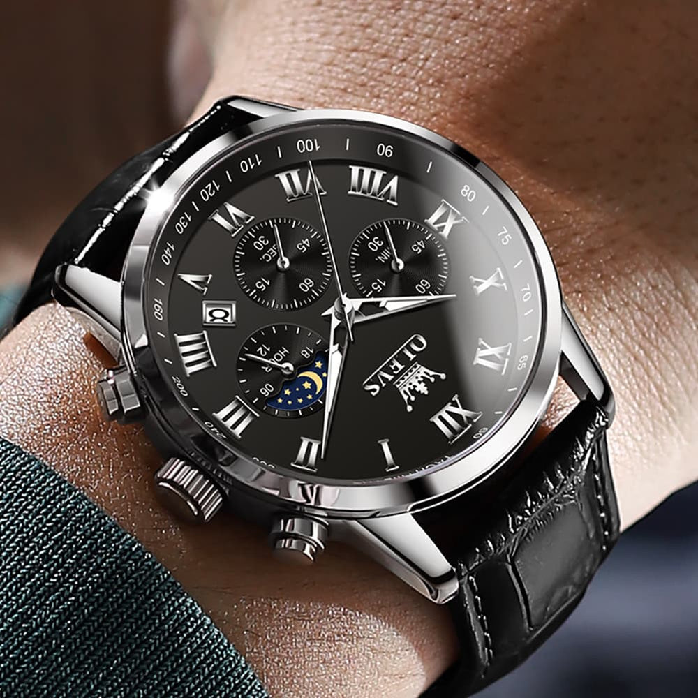 OLEVS Chronograph Moon Phase Dress Watch Leather Strap for Men 5529 - Silver Case Black Dial Watch | Olevs Watch Store