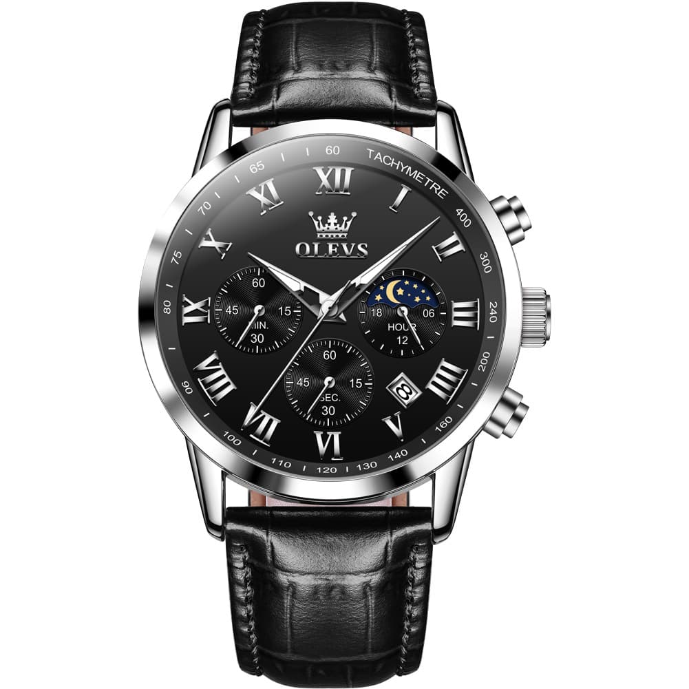 OLEVS Chronograph Moon Phase Dress Watch Leather Strap for Men 5529 - Silver Case Black Dial Watch | Olevs Watch Store