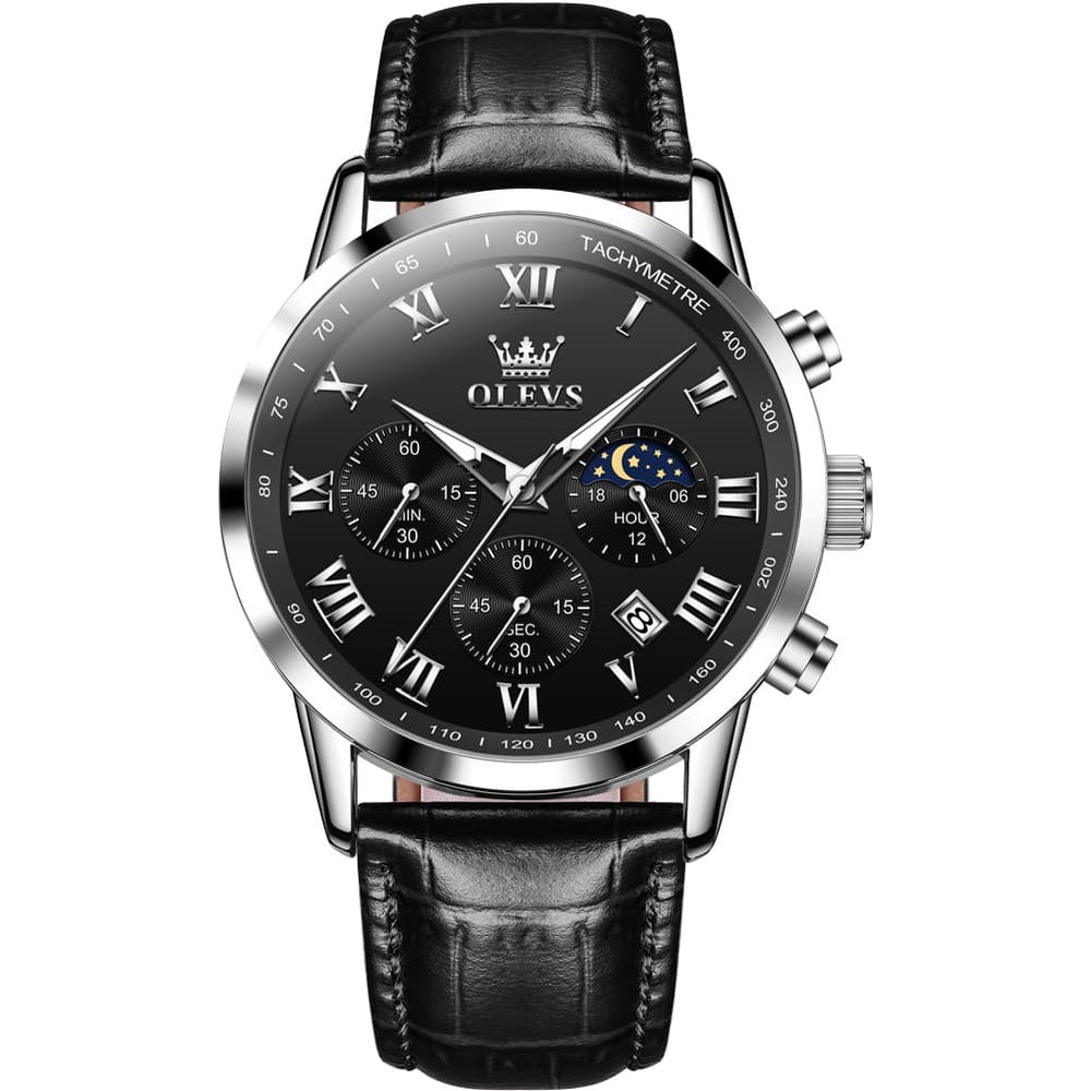 OLEVS Chronograph Moon Phase Dress Watch Leather Strap for Men 5529 - Silver Case Black Dial Watch | Olevs Watch Store