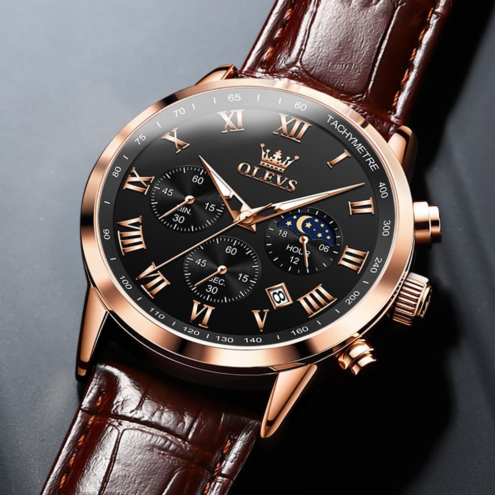 OLEVS Chronograph Moon Phase Dress Watch Leather Strap for Men 5529 - Silver Case Black Dial Watch | Olevs Watch Store