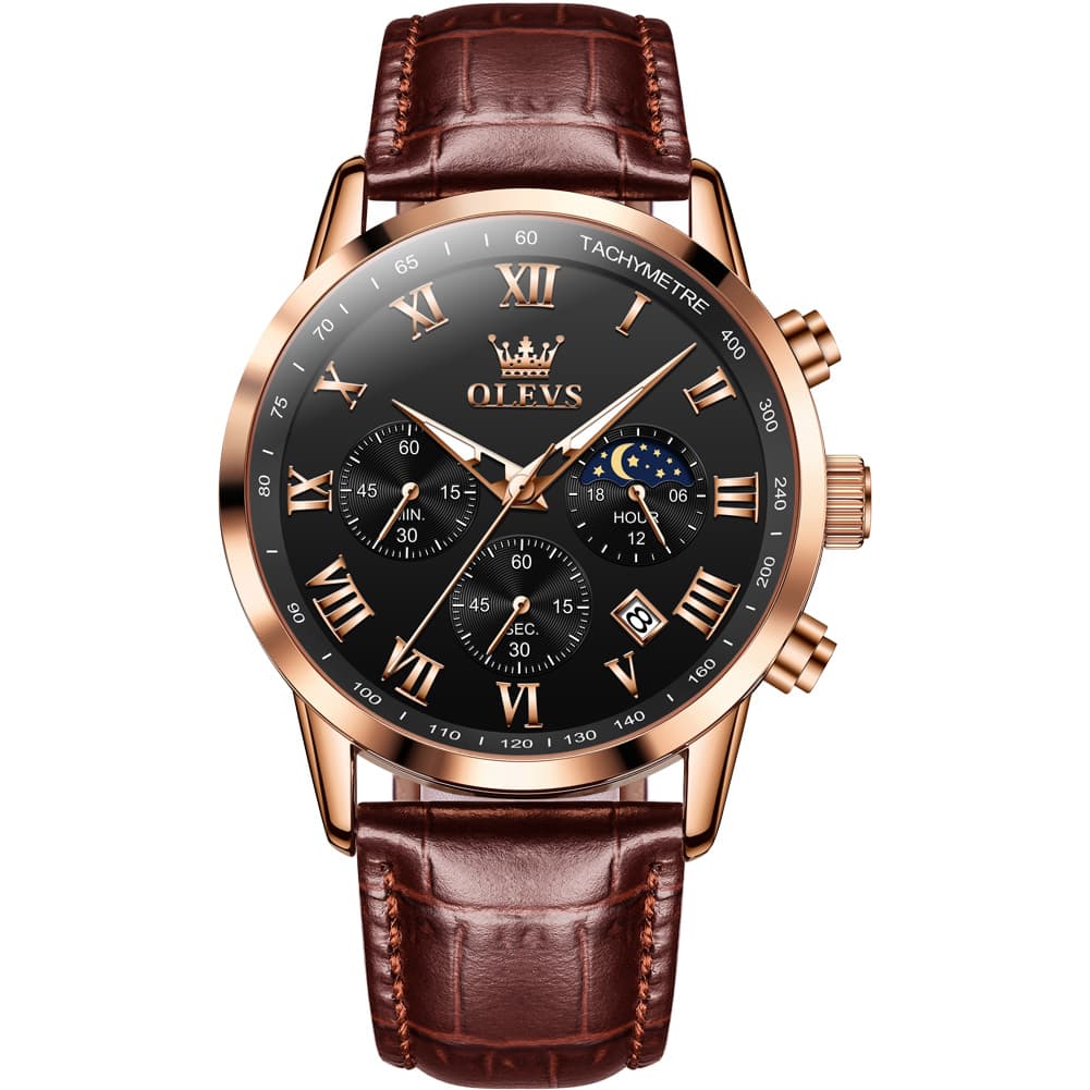 OLEVS Chronograph Moon Phase Dress Watch Leather Strap for Men 5529 - Silver Case Black Dial Watch | Olevs Watch Store
