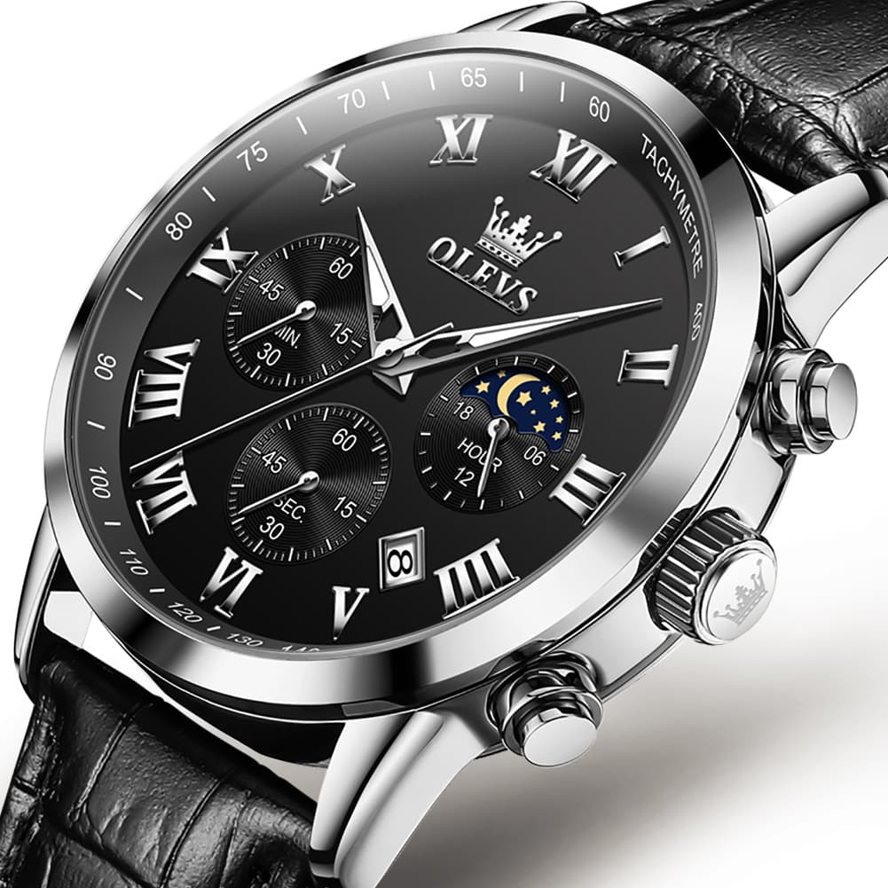 OLEVS Chronograph Moon Phase Dress Watch Leather Strap for Men 5529 - Silver Case Black Dial Watch | Olevs Watch Store