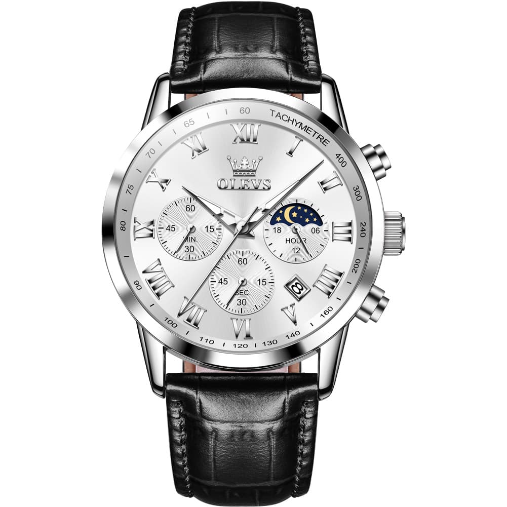 OLEVS Chronograph Moon Phase Dress Watch Leather Strap for Men 5529 - Silver Case Black Dial Watch | Olevs Watch Store