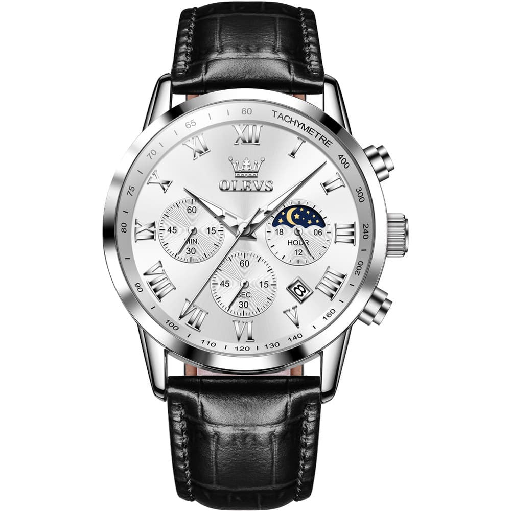 OLEVS Chronograph Moon Phase Dress Watch Leather Strap for Men 5529 - Silver Case Black Dial Watch | Olevs Watch Store
