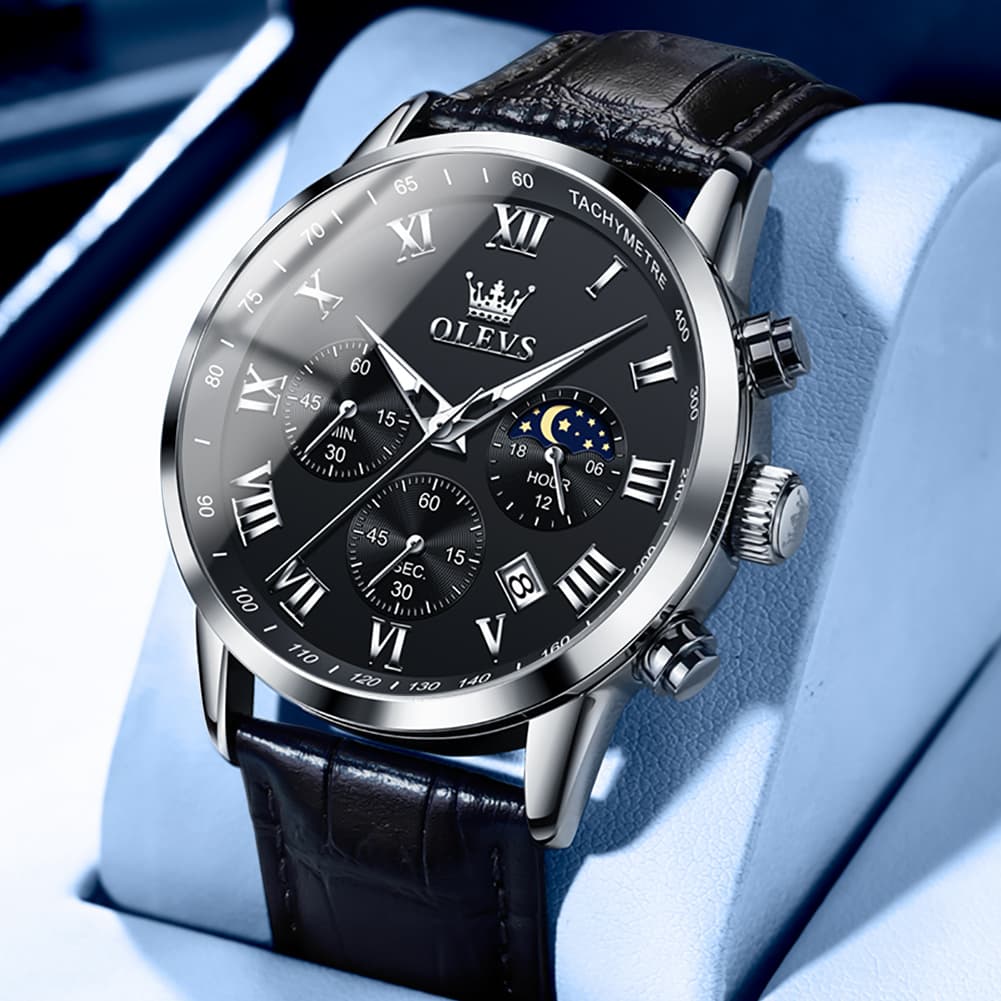 OLEVS Chronograph Moon Phase Dress Watch Leather Strap for Men 5529 - Silver Case Black Dial Watch | Olevs Watch Store