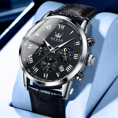 OLEVS Chronograph Moon Phase Dress Watch Leather Strap for Men 5529 - Silver Case Black Dial Watch | Olevs Watch Store