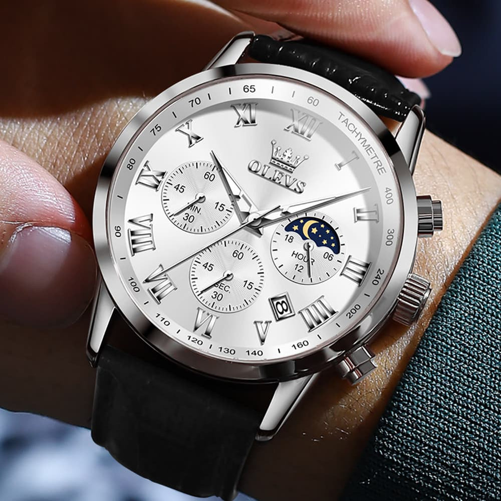 OLEVS Chronograph Moon Phase Dress Watch Leather Strap for Men 5529 - Silver Case Black Dial Watch | Olevs Watch Store
