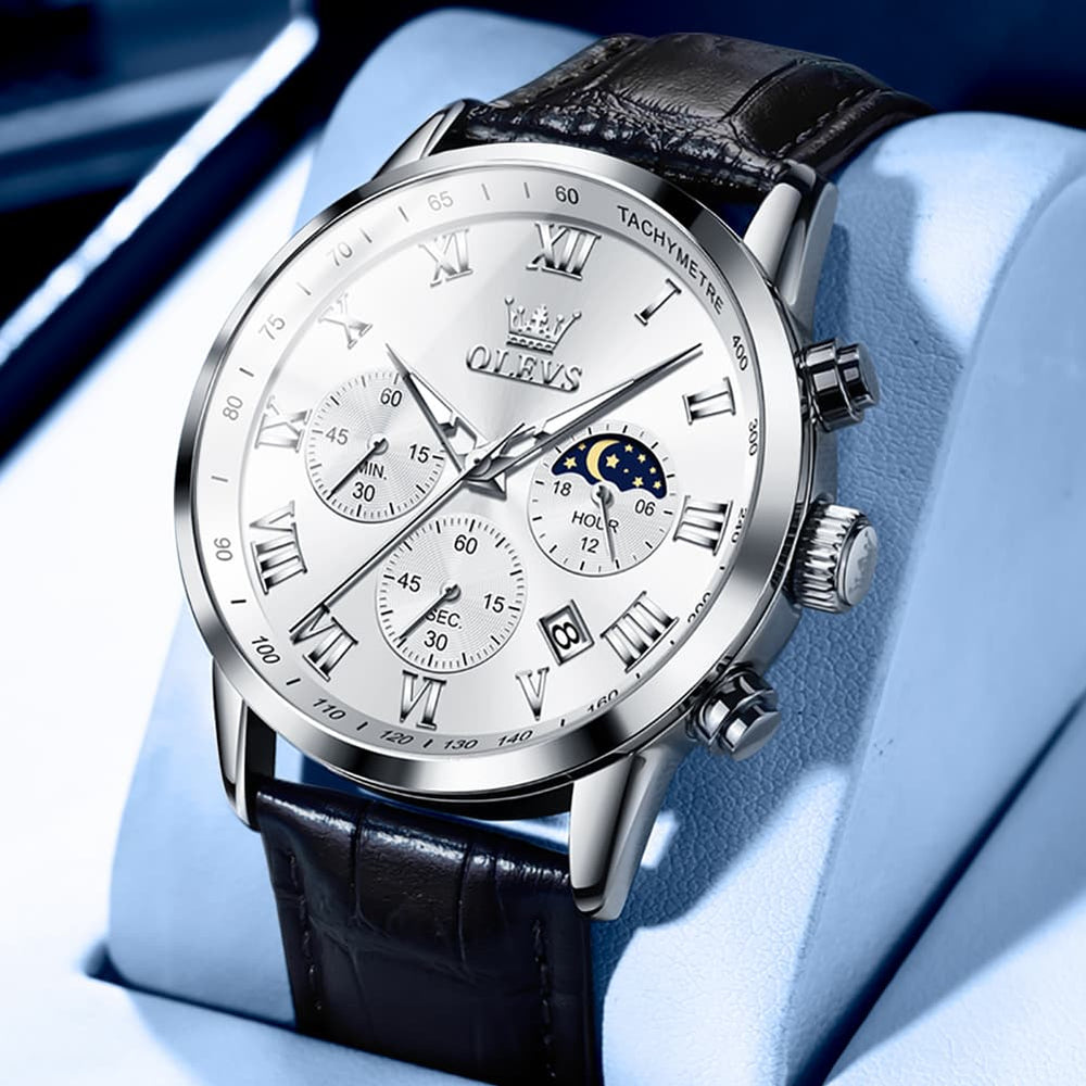 OLEVS Chronograph Moon Phase Dress Watch Leather Strap for Men 5529 - Silver Case White Dial Watch | Olevs Watch Store