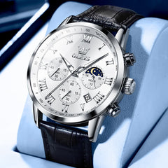 OLEVS Chronograph Moon Phase Dress Watch Leather Strap for Men 5529 - Silver Case White Dial Watch | Olevs Watch Store