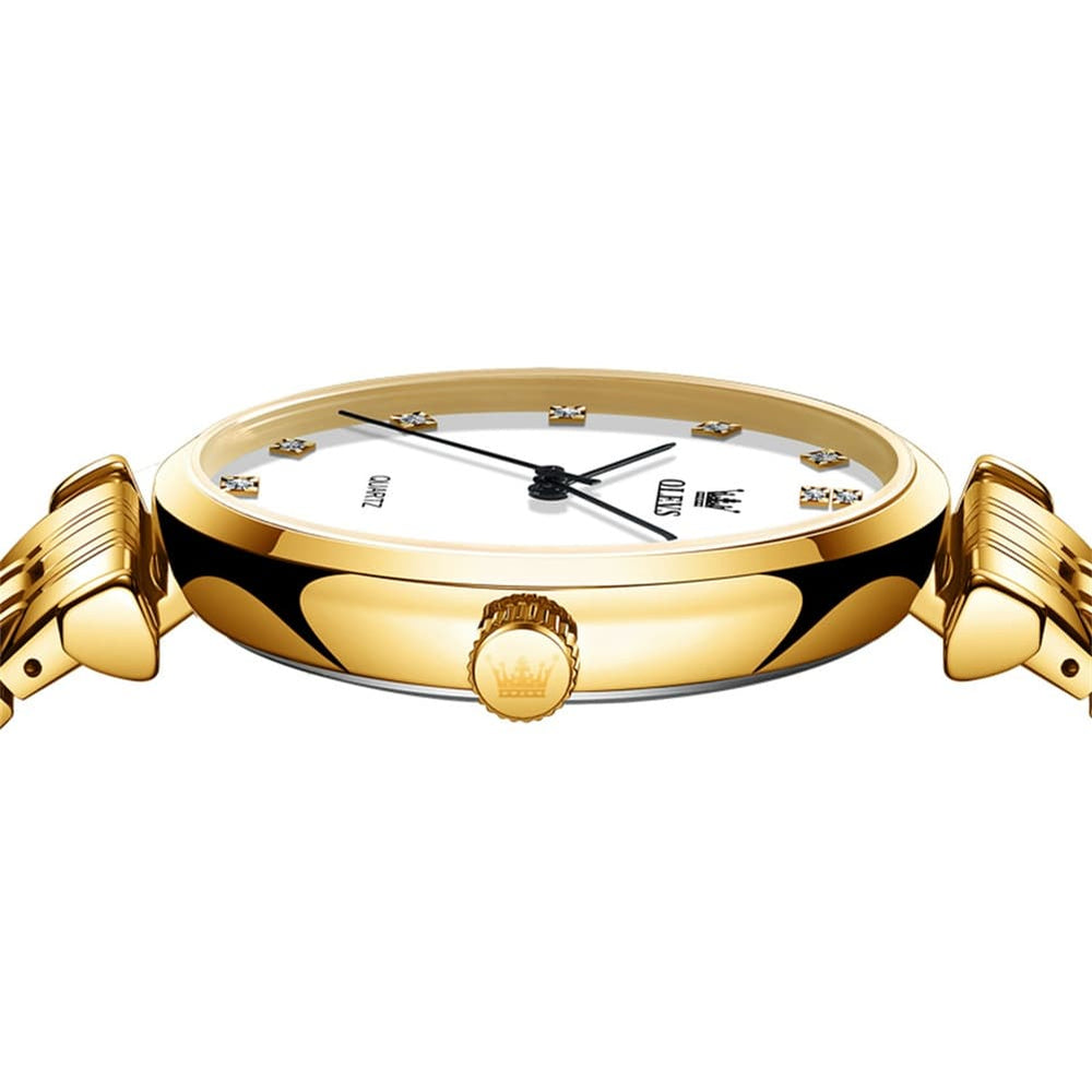 OLEVS Couple Watch Faceted Crystal Diamond Marker Stainless Steel Quartz 5596 - Women - All Gold Watch | Olevs Watch Store