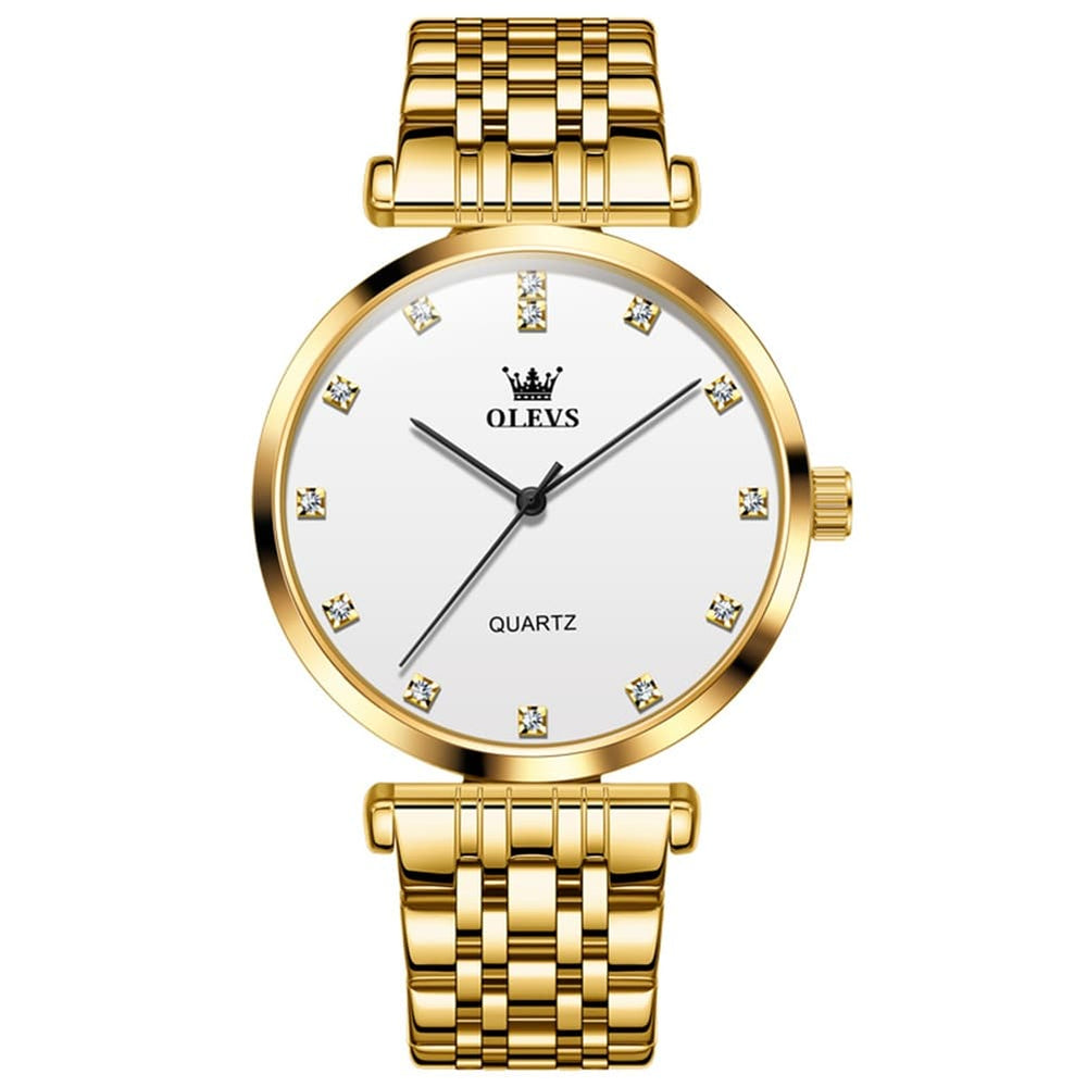 OLEVS Couple Watch Faceted Crystal Diamond Marker Stainless Steel Quartz 5596 - Women - All Gold Watch | Olevs Watch Store