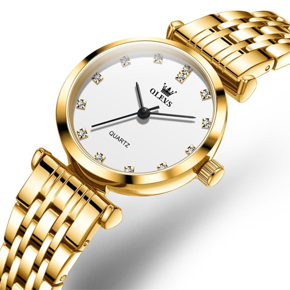 OLEVS Couple Watch Faceted Crystal Diamond Marker Stainless Steel Quartz 5596 - Women - All Gold Watch | Olevs Watch Store