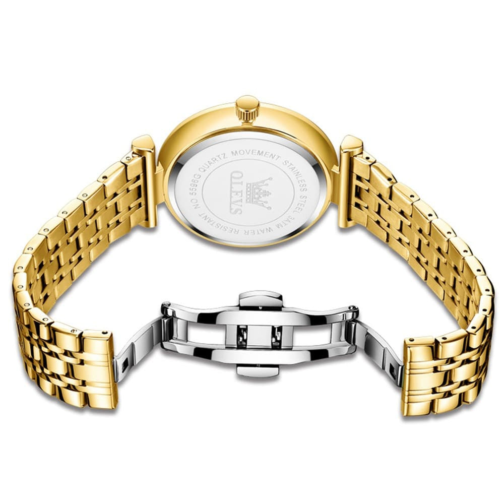 OLEVS Couple Watch Faceted Crystal Diamond Marker Stainless Steel Quartz 5596 - Women - All Gold Watch | Olevs Watch Store