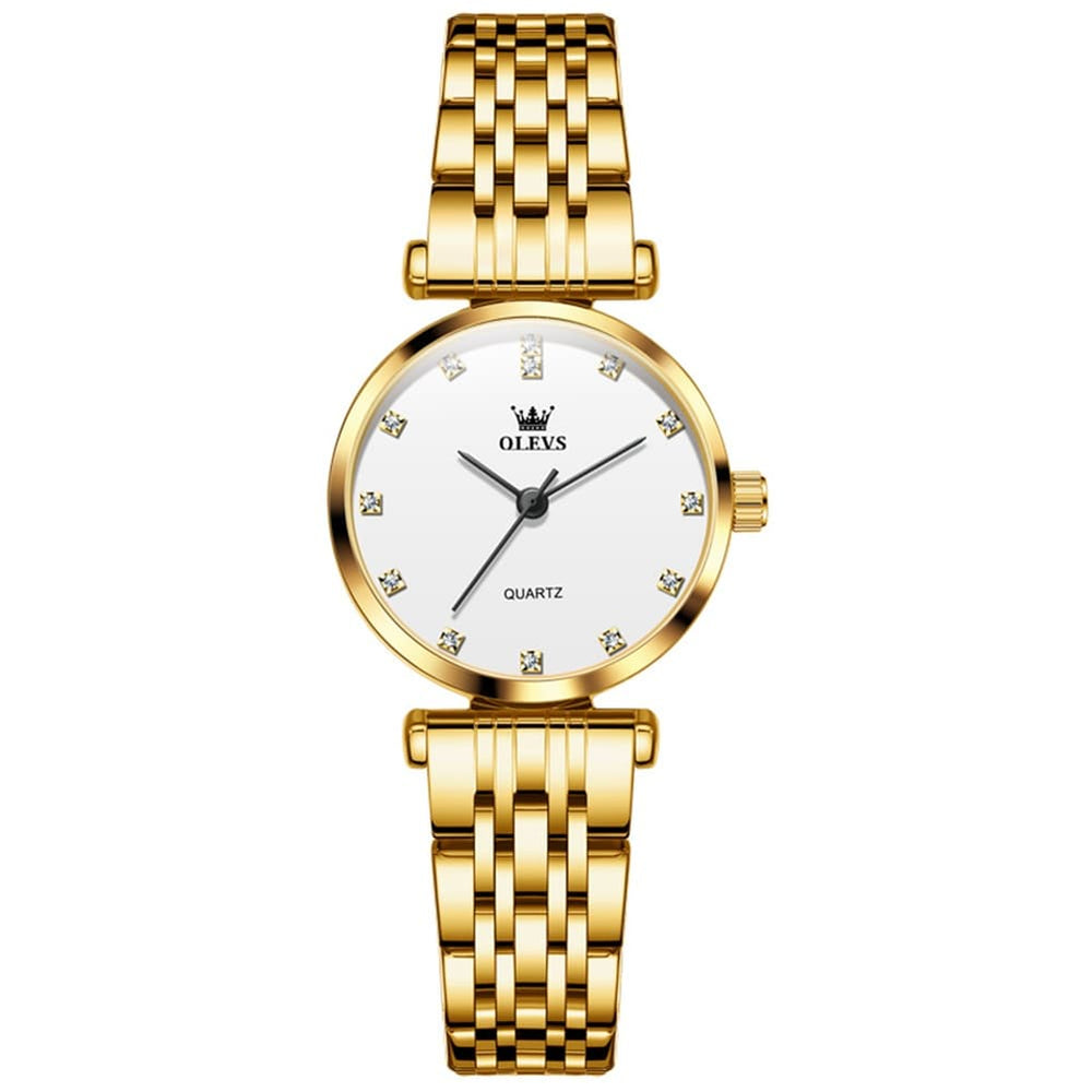 OLEVS Couple Watch Faceted Crystal Diamond Marker Stainless Steel Quartz 5596 - Women - All Gold Watch | Olevs Watch Store