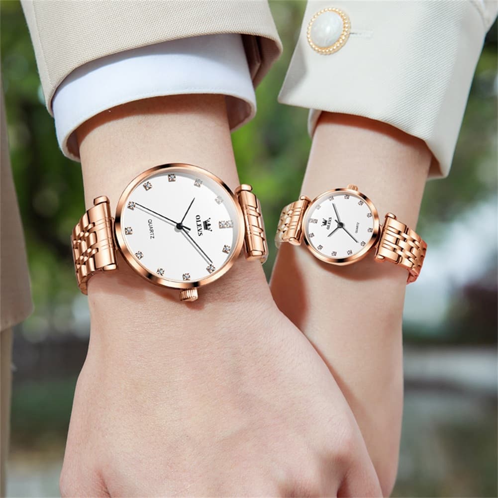 OLEVS Couple Watch Faceted Crystal Diamond Marker Stainless Steel Quartz 5596 - Women - All Gold Watch | Olevs Watch Store