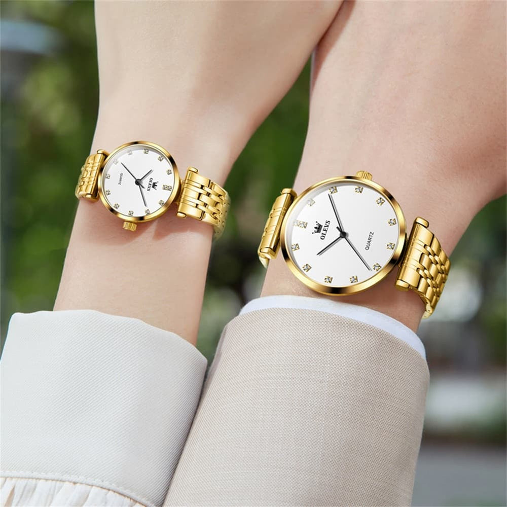 OLEVS Couple Watch Faceted Crystal Diamond Marker Stainless Steel Quartz 5596 - Women - All Gold Watch | Olevs Watch Store
