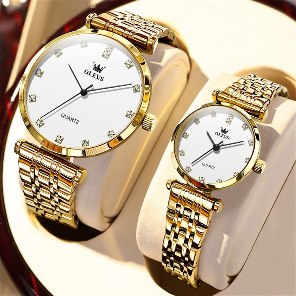OLEVS Couple Watch Faceted Crystal Diamond Marker Stainless Steel Quartz 5596 - Women - All Gold Watch | Olevs Watch Store