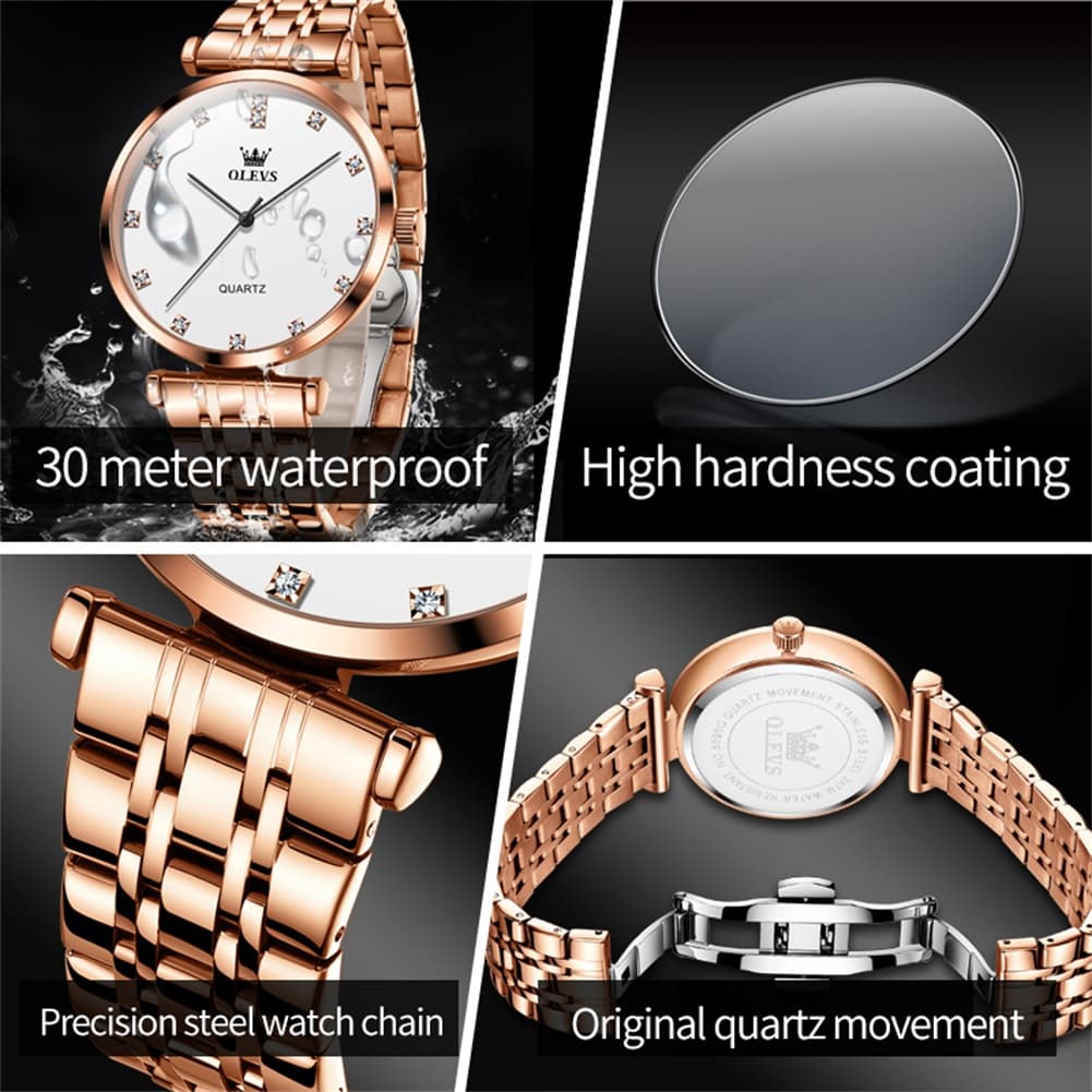 OLEVS Couple Watch Faceted Crystal Diamond Marker Stainless Steel Quartz 5596 - Women - All Gold Watch | Olevs Watch Store