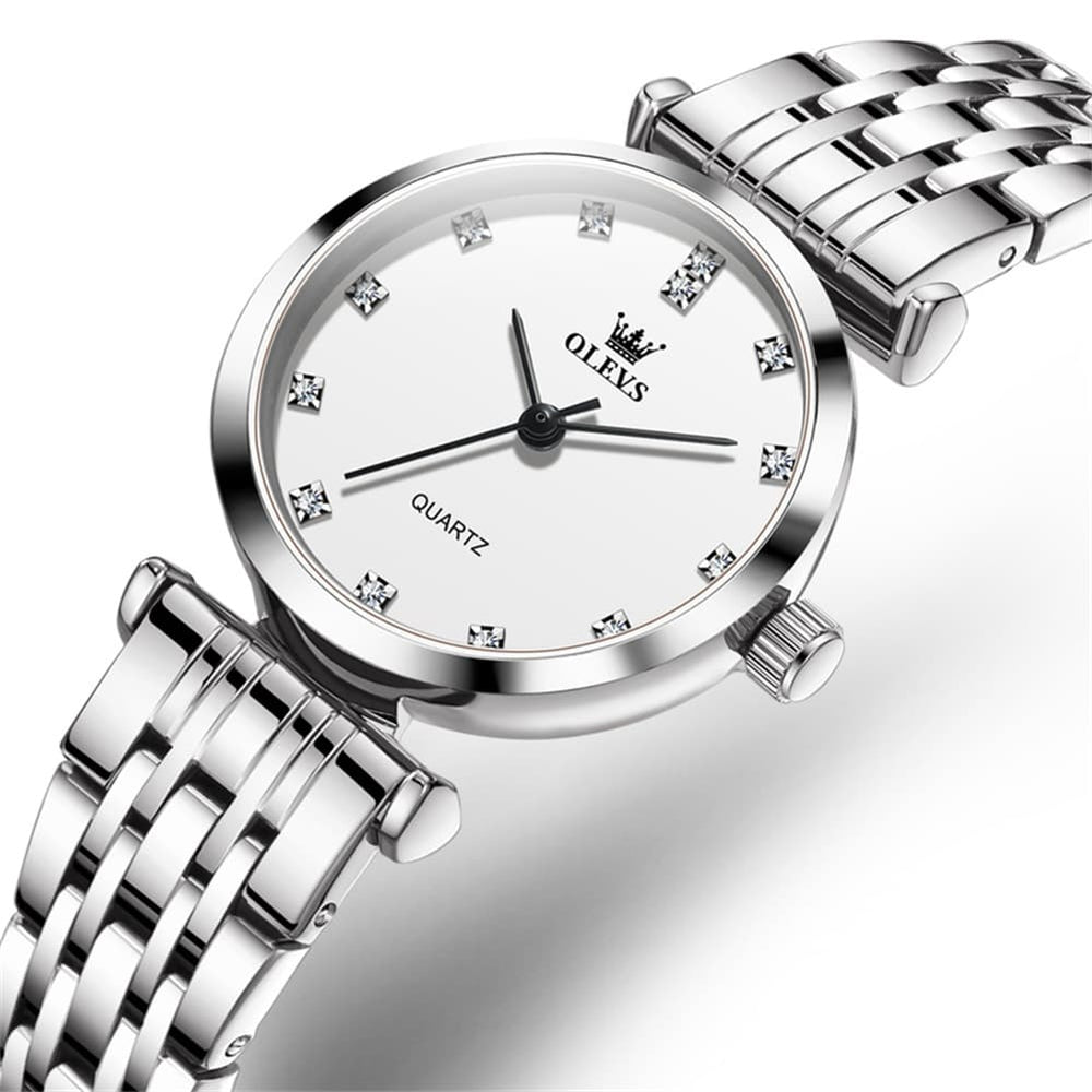 OLEVS Couple Watch Faceted Crystal Diamond Marker Stainless Steel Quartz 5596 - Women- Silver White Watch | Olevs Watch Store