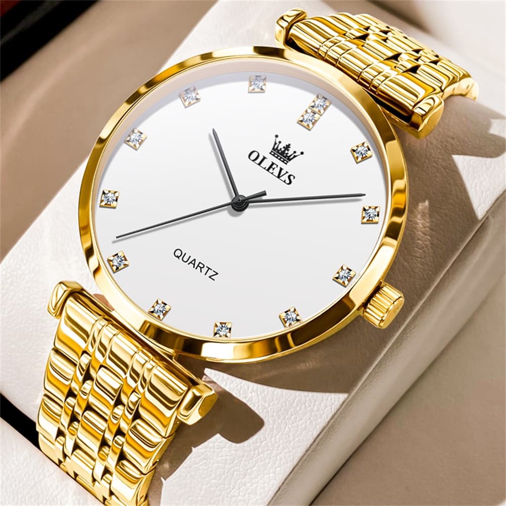 OLEVS Couple Watch Faceted Crystal Diamond Marker Stainless Steel Quartz 5596 - Men - All Gold Watch | Olevs Watch Store