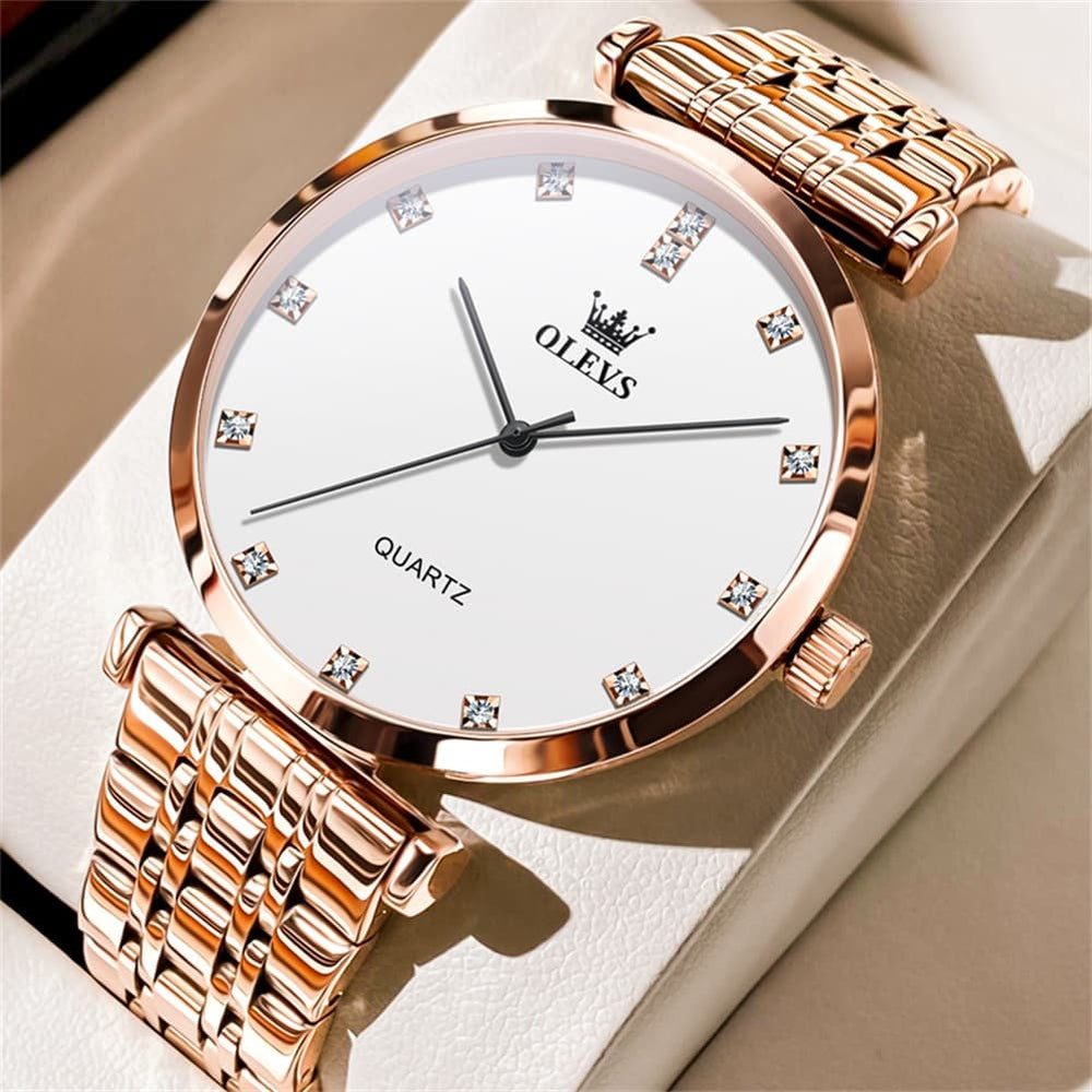 OLEVS Couple Watch Faceted Crystal Diamond Marker Stainless Steel Quartz 5596 - Men - Rose Gold Watch | Olevs Watch Store