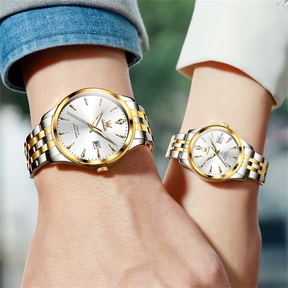 OLEVS Couple Watch Faceted Crystal Two Tone Stainless Steel Date Quartz 5598 - Women - All Gold Watch | Olevs Watch Store