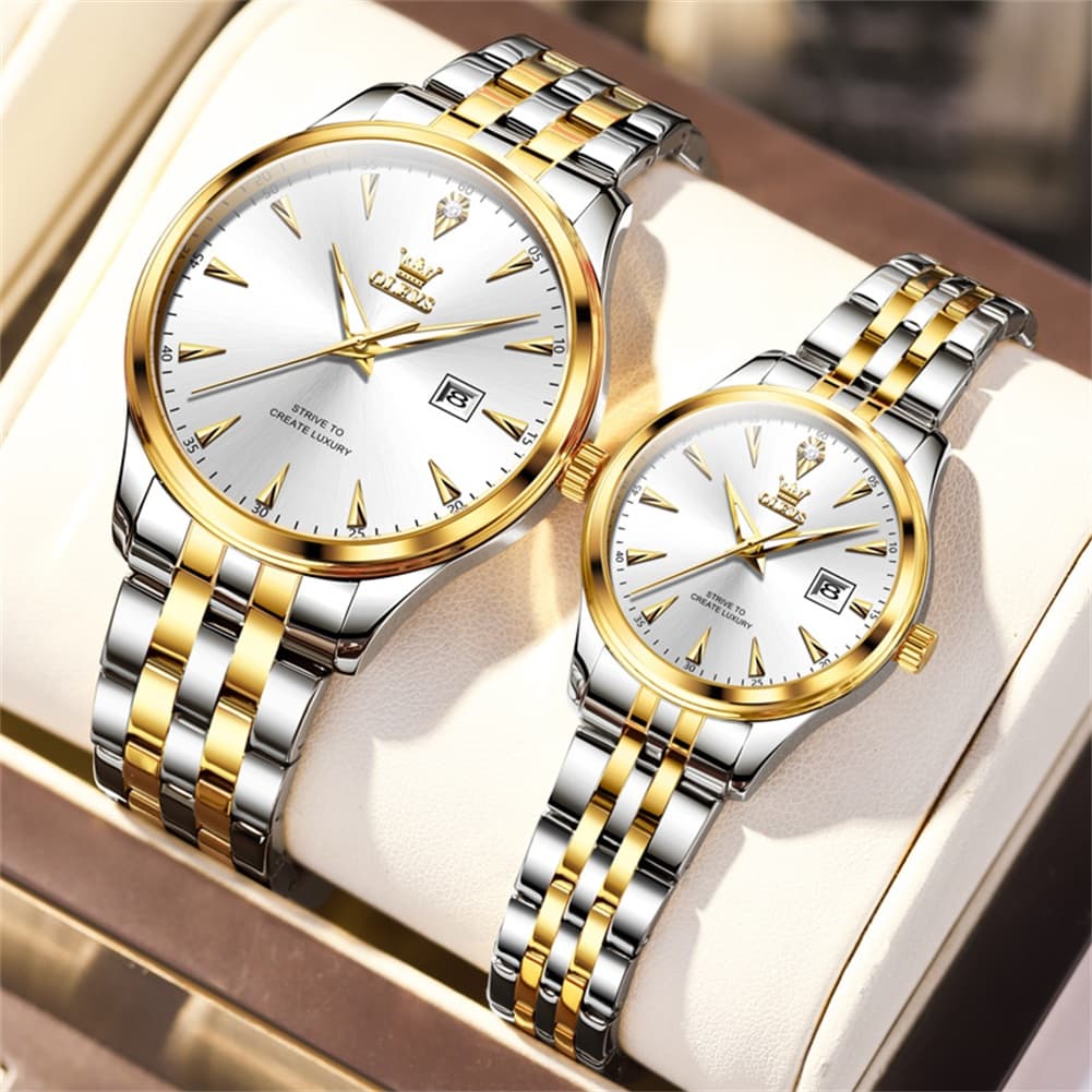 OLEVS Couple Watch Faceted Crystal Two Tone Stainless Steel Date Quartz 5598 - Women - All Gold Watch | Olevs Watch Store