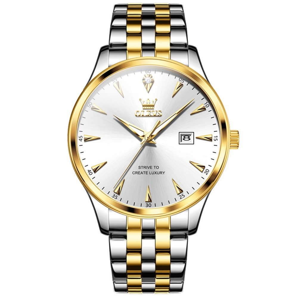 OLEVS Couple Watch Faceted Crystal Two Tone Stainless Steel Date Quartz 5598 - Women - All Gold Watch | Olevs Watch Store