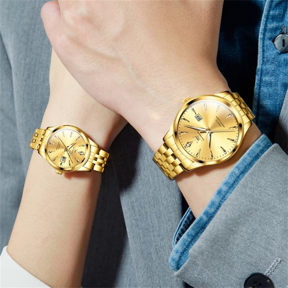 OLEVS Couple Watch Faceted Crystal Two Tone Stainless Steel Date Quartz 5598 - Women - All Gold Watch | Olevs Watch Store