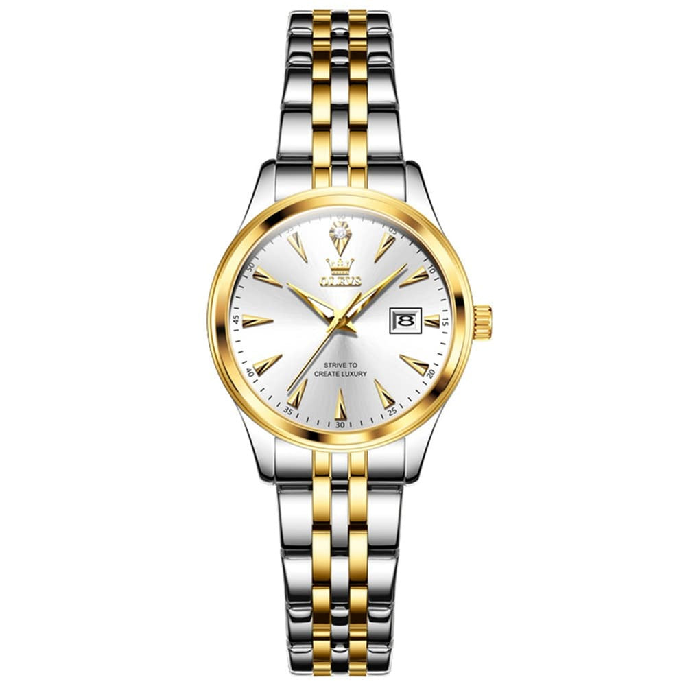 OLEVS Couple Watch Faceted Crystal Two Tone Stainless Steel Date Quartz 5598 - Women - All Gold Watch | Olevs Watch Store