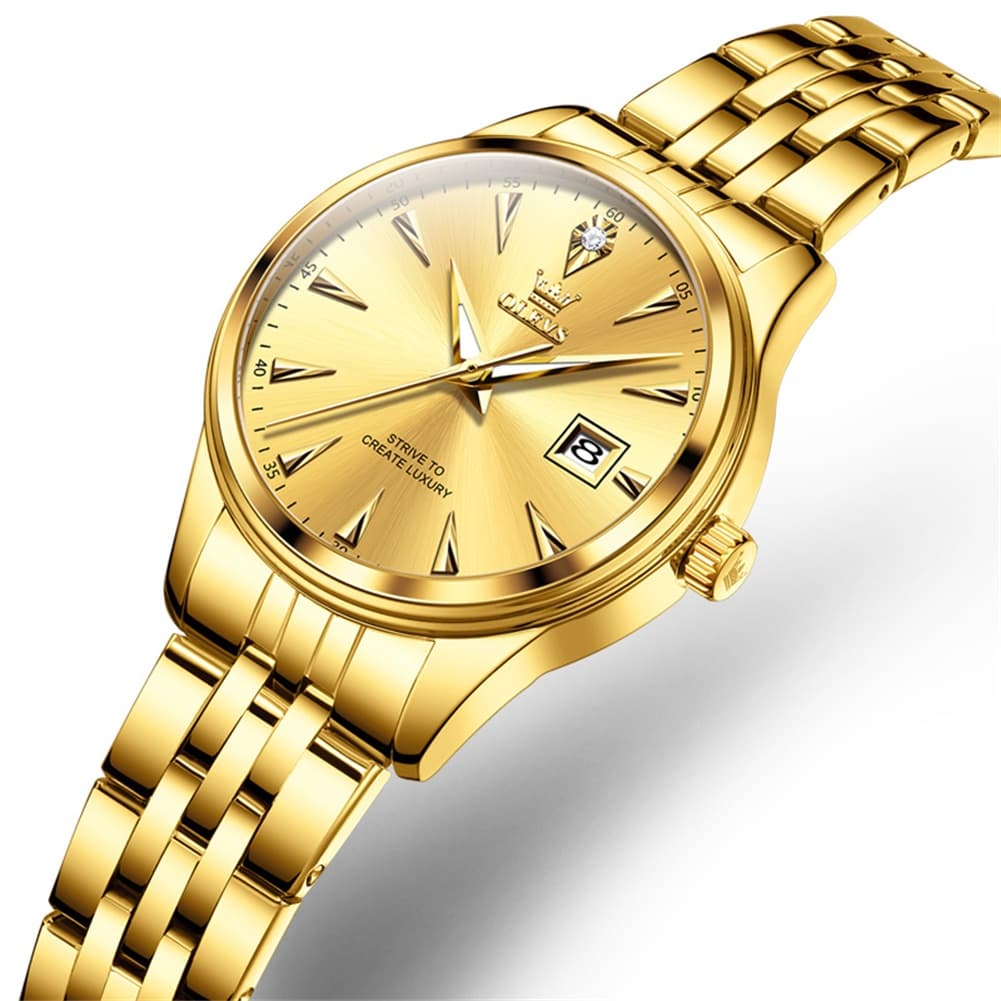 OLEVS Couple Watch Faceted Crystal Two Tone Stainless Steel Date Quartz 5598 - Women - All Gold Watch | Olevs Watch Store