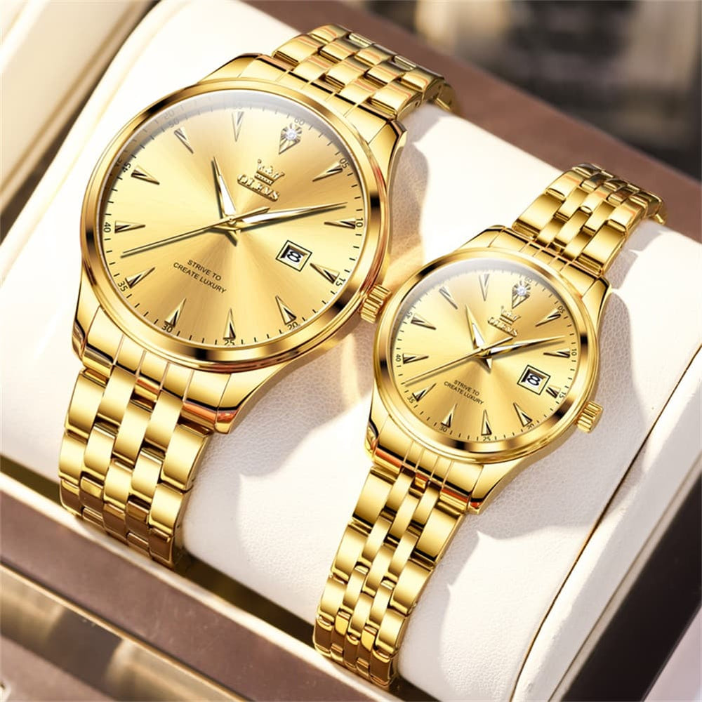 OLEVS Couple Watch Faceted Crystal Two Tone Stainless Steel Date Quartz 5598 - Women - All Gold Watch | Olevs Watch Store