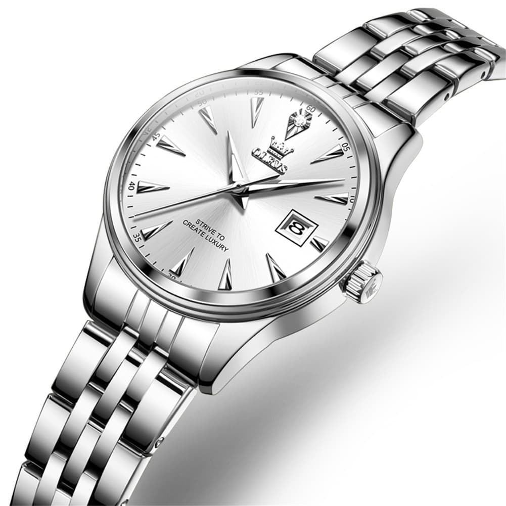 OLEVS Couple Watch Faceted Crystal Two Tone Stainless Steel Date Quartz 5598 - Women - Silver White Watch | Olevs Watch Store