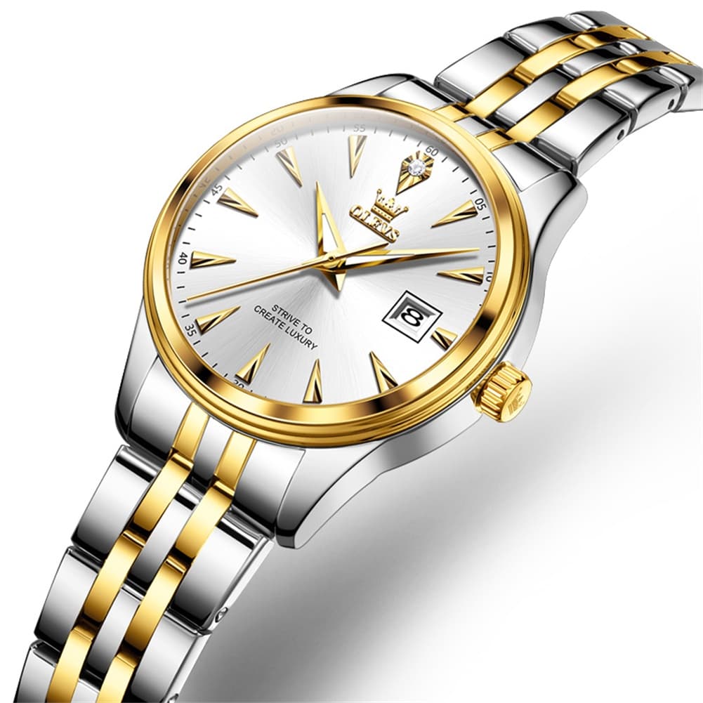 OLEVS Couple Watch Faceted Crystal Two Tone Stainless Steel Date Quartz 5598-Women - Two Tone White Watch | Olevs Watch Store