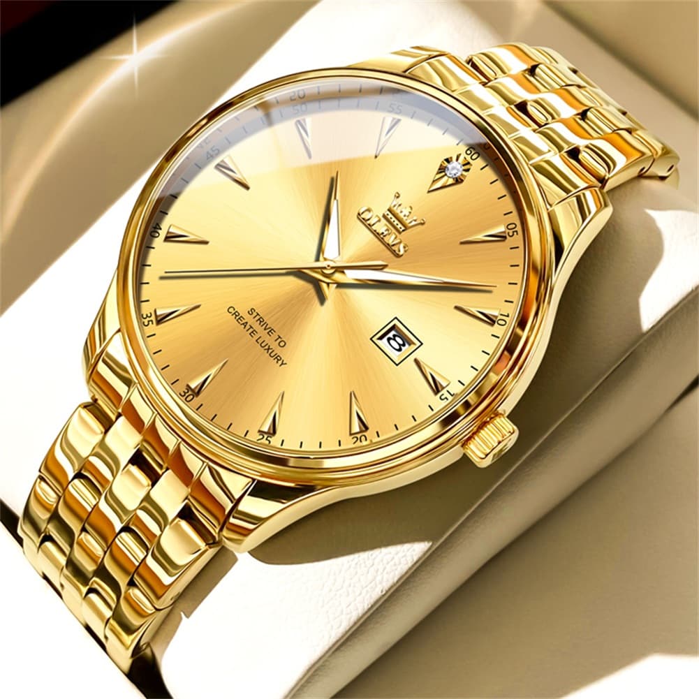 OLEVS Couple Watch Faceted Crystal Two Tone Stainless Steel Date Quartz 5598 - Men - All Gold Watch | Olevs Watch Store