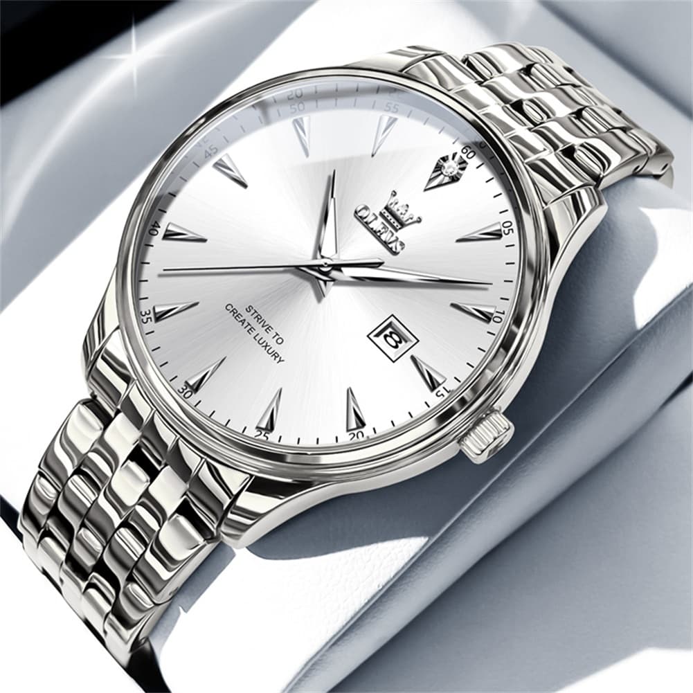 OLEVS Couple Watch Faceted Crystal Two Tone Stainless Steel Date Quartz 5598 - Men - Silver White Watch | Olevs Watch Store