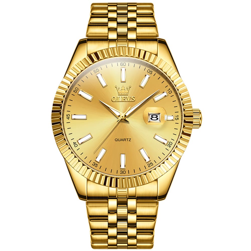 OLEVS Couple Watch Fluted Bezel Two Tone Stainless Steel Date Quartz 5593 - Women - All Gold Watch | Olevs Watch Store