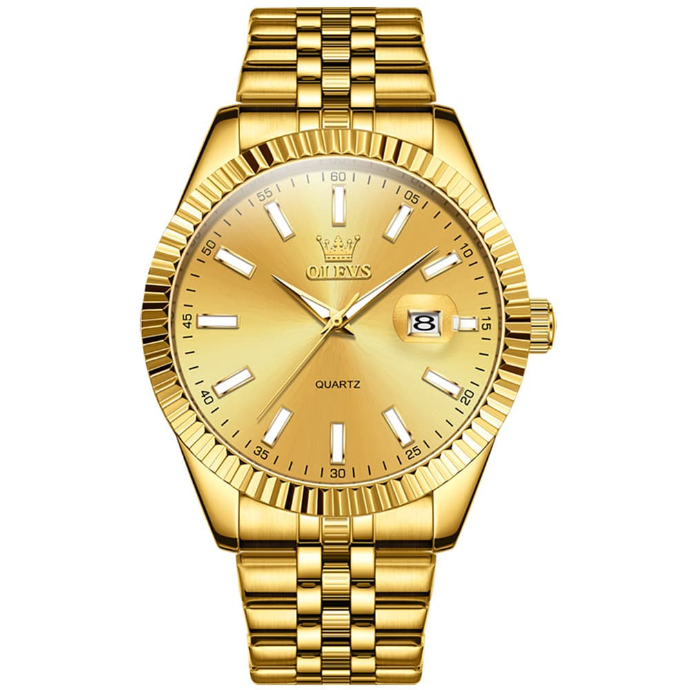 OLEVS Couple Watch Fluted Bezel Two Tone Stainless Steel Date Quartz 5593 - Women - All Gold Watch | Olevs Watch Store
